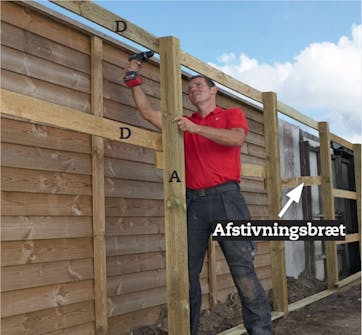Støjhegn: Sæt det øverste bræt (D) fast på bagsiden af stolperne. Støjhegn: Sæt det øverste bræt (D) fast på bagsiden af stolperne.